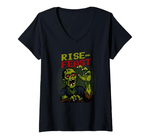 Damen Rise and Feast Lustiges Pixel-Art-Zombie-Halloween T-Shirt mit V-Ausschnitt Damen Rise and Feast Lustiges Pixel-Art-Zombie-Halloween T-Shirt mit V-Ausschnitt von Funny Halloween Pixal Art Monsters DonaOnca