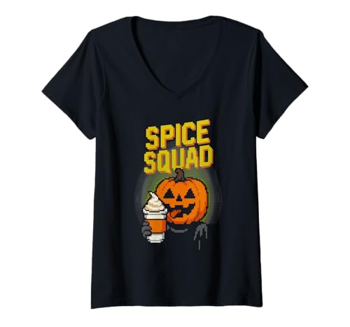 Damen Spice Squad Lustige Pixelkunst Jack O'Lantern Halloween T-Shirt mit V-Ausschnitt Damen Spice Squad Lustige Pixelkunst Jack O'Lantern Halloween T-Shirt mit V-Ausschnitt von Funny Halloween Pixal Art Monsters DonaOnca