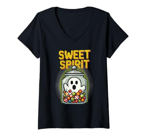 Damen Sweet Spirit Lustiges Pixel-Art-Gespenst und Bonbons für Halloween T-Shirt mit V-Ausschnitt Damen Sweet Spirit Lustiges Pixel-Art-Gespenst und Bonbons für Halloween T-Shirt mit V-Ausschnitt von Funny Halloween Pixal Art Monsters DonaOnca