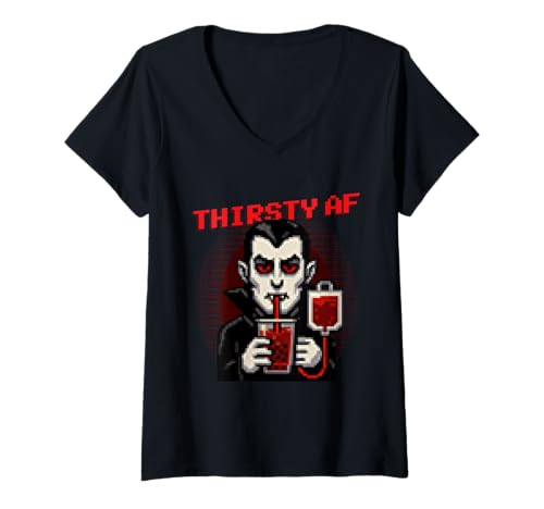 Damen Thirsty AF Funny Pixel Art Vampir Halloween T-Shirt mit V-Ausschnitt Damen Thirsty AF Funny Pixel Art Vampir Halloween T-Shirt mit V-Ausschnitt von Funny Halloween Pixal Art Monsters DonaOnca