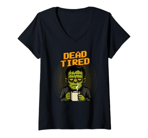 Damen Todmüde Lustiges Pixel-Art Sleepy Zombie Halloween T-Shirt mit V-Ausschnitt Damen Todmüde Lustiges Pixel-Art Sleepy Zombie Halloween T-Shirt mit V-Ausschnitt von Funny Halloween Pixal Art Monsters DonaOnca