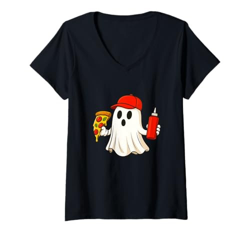 Damen Pizza Halloween Ghost Foodie Halloween Pizza Delivery Man T-Shirt mit V-Ausschnitt Damen Pizza Halloween Ghost Foodie Halloween Pizza Delivery Man T-Shirt mit V-Ausschnitt von Funny Halloween Pizza Novelty Tops ...