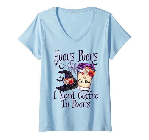 Damen Hocus Pocus I Need Coffee to Focus Halloween Funny Teacher T-Shirt mit V-Ausschnitt von Funny Halloween Pjs For Women Halloween Outfits