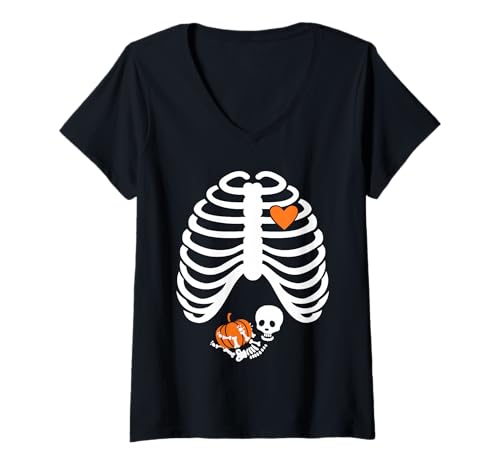 Damen Halloween Röntgenbild Schwangerschaft erwartet Baby Design T-Shirt mit V-Ausschnitt Damen Halloween Röntgenbild Schwangerschaft erwartet Baby Design T-Shirt mit V-Ausschnitt von Funny Halloween Pregnancy Shirts Gifts