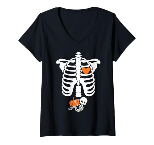 Damen Halloween Röntgenbild Schwangerschaft erwartet Baby Design T-Shirt mit V-Ausschnitt Damen Halloween Röntgenbild Schwangerschaft erwartet Baby Design T-Shirt mit V-Ausschnitt von Funny Halloween Pregnancy Shirts Gifts