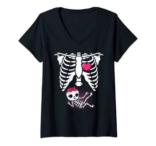Damen Halloween Skelett Schwangerschaft Baby Mädchen Röntgenstrahlen Lustig Schwangere T-Shirt mit V-Ausschnitt Damen Halloween Skelett Schwangerschaft Baby Mädchen Röntgenstrahlen Lustig Schwangere T-Shirt mit V-Ausschnitt von Funny Halloween Pregnancy Tshirt