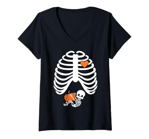 Damen Halloween X-Ray Schwangerschaftsshirt Erwartendes Baby T-Shirt mit V-Ausschnitt von Funny Halloween Pregnancy shirts