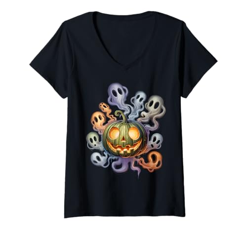 Damen Lustiger und gruseliger Kürbis mit Geistern Jungen Mädchen Halloween T-Shirt mit V-Ausschnitt Damen Lustiger und gruseliger Kürbis mit Geistern Jungen Mädchen Halloween T-Shirt mit V-Ausschnitt von Funny Halloween Pumpkin Gifts