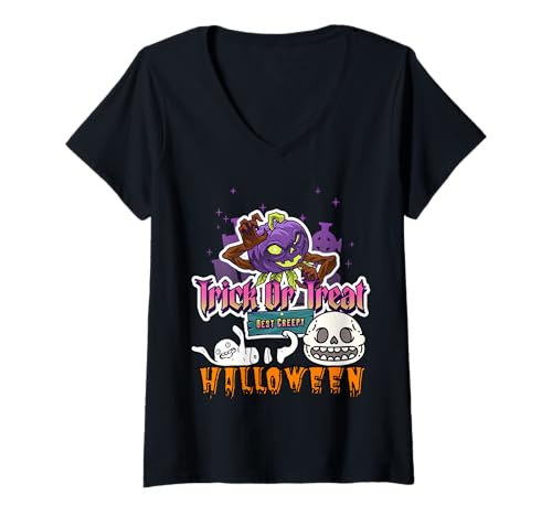 Damen Der Beste Leckerbissen mit dem lächelnden Halloween-Kürbismonster T-Shirt mit V-Ausschnitt Damen Der Beste Leckerbissen mit dem lächelnden Halloween-Kürbismonster T-Shirt mit V-Ausschnitt von Funny Halloween Pumpkin Smiling Monster Treat