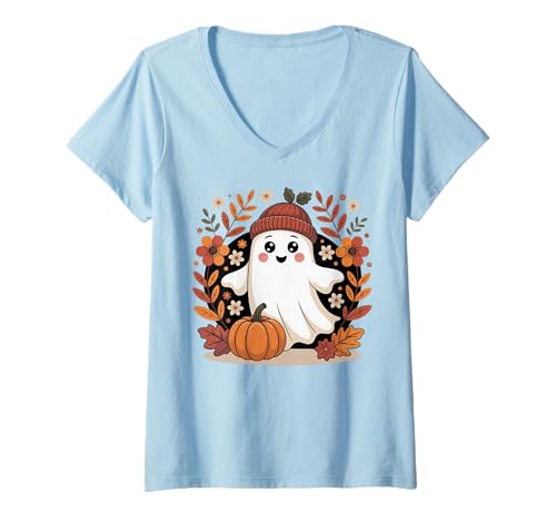 Damen Lustiger Herbstgeist mit Kürbis und Blumen Herbst Halloween T-Shirt mit V-Ausschnitt Damen Lustiger Herbstgeist mit Kürbis und Blumen Herbst Halloween T-Shirt mit V-Ausschnitt von Funny Halloween Pumpkin With Floral Ghost Gifts