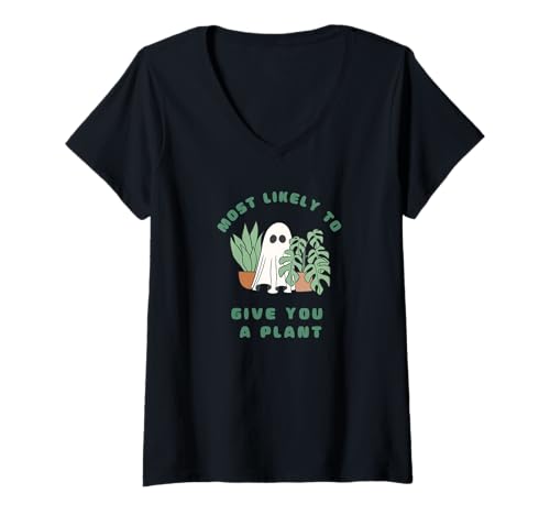 Damen Am wahrscheinlichsten Halloween, geben Sie Ihnen eine Pflanze, niedlicher Geist T-Shirt mit V-Ausschnitt Damen Am wahrscheinlichsten Halloween, geben Sie Ihnen eine Pflanze, niedlicher Geist T-Shirt mit V-Ausschnitt von Funny Halloween Quotes and Sayings