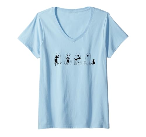 Damen Niedliche Schwarze Katze und Geist für Halloween T-Shirt mit V-Ausschnitt Damen Niedliche Schwarze Katze und Geist für Halloween T-Shirt mit V-Ausschnitt von Funny Halloween Quotes and Sayings
