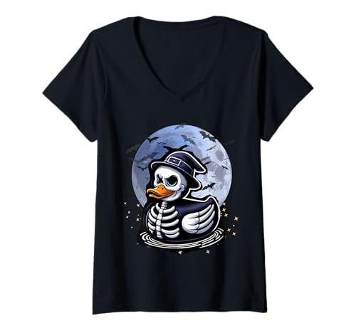 Damen Gruselige Gummiente Halloween Gruselige Halloween Ente Skelett T-Shirt mit V-Ausschnitt von Funny Halloween Rubber Duck