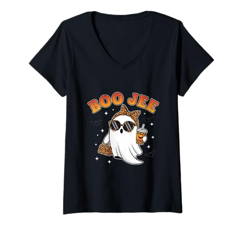 Damen Lustige Halloween-Oktober-Vibes von Boo JEE Boujee mit rosafarbenem Geist T-Shirt mit V-Ausschnitt Damen Lustige Halloween-Oktober-Vibes von Boo JEE Boujee mit rosafarbenem Geist T-Shirt mit V-Ausschnitt von Funny Halloween Shirts For Men Women Girls Boys