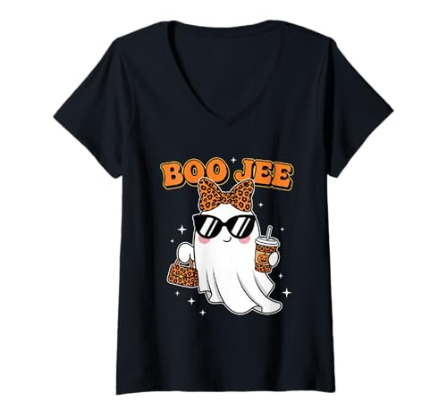 Damen Lustige Halloween-Oktober-Vibes von Boo JEE Boujee mit rosafarbenem Geist T-Shirt mit V-Ausschnitt Damen Lustige Halloween-Oktober-Vibes von Boo JEE Boujee mit rosafarbenem Geist T-Shirt mit V-Ausschnitt von Funny Halloween Shirts For Men Women Girls Boys