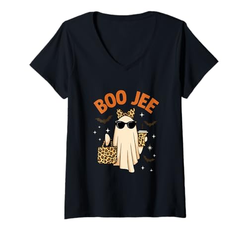 Damen Lustige Halloween-Oktober-Vibes von Boo JEE Boujee mit rosafarbenem Geist T-Shirt mit V-Ausschnitt Damen Lustige Halloween-Oktober-Vibes von Boo JEE Boujee mit rosafarbenem Geist T-Shirt mit V-Ausschnitt von Funny Halloween Shirts For Men Women Girls Boys