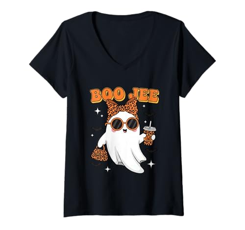 Damen Lustige Halloween-Oktober-Vibes von Boo JEE Boujee mit rosafarbenem Geist T-Shirt mit V-Ausschnitt Damen Lustige Halloween-Oktober-Vibes von Boo JEE Boujee mit rosafarbenem Geist T-Shirt mit V-Ausschnitt von Funny Halloween Shirts For Men Women Girls Boys