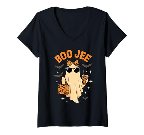 Damen Lustige Halloween-Oktober-Vibes von Boo JEE Boujee mit rosafarbenem Geist T-Shirt mit V-Ausschnitt Damen Lustige Halloween-Oktober-Vibes von Boo JEE Boujee mit rosafarbenem Geist T-Shirt mit V-Ausschnitt von Funny Halloween Shirts For Men Women Girls Boys