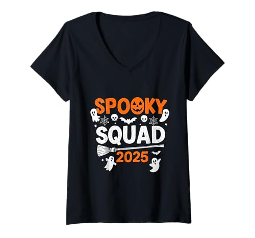 Damen Spooky Squad 2025 Lustige Halloween-Vibes für Geisterliebhaber T-Shirt mit V-Ausschnitt Damen Spooky Squad 2025 Lustige Halloween-Vibes für Geisterliebhaber T-Shirt mit V-Ausschnitt von Funny Halloween Shirts For Men Women Girls Boys