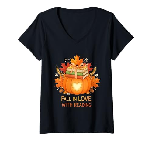 Damen Verlieben Sie Sich in das Lesebuch Herbst Kürbisse und Lehrer T-Shirt mit V-Ausschnitt Damen Verlieben Sie Sich in das Lesebuch Herbst Kürbisse und Lehrer T-Shirt mit V-Ausschnitt von Funny Halloween Shirts For Men Women Girls Boys