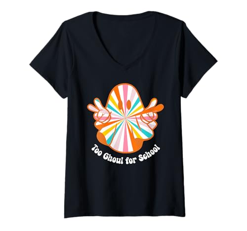 Damen Lustiges Halloween-Schild Ghost Too Ghoul for School Peace Groovy T-Shirt mit V-Ausschnitt Damen Lustiges Halloween-Schild Ghost Too Ghoul for School Peace Groovy T-Shirt mit V-Ausschnitt von Funny Halloween Shirts by Southerngal