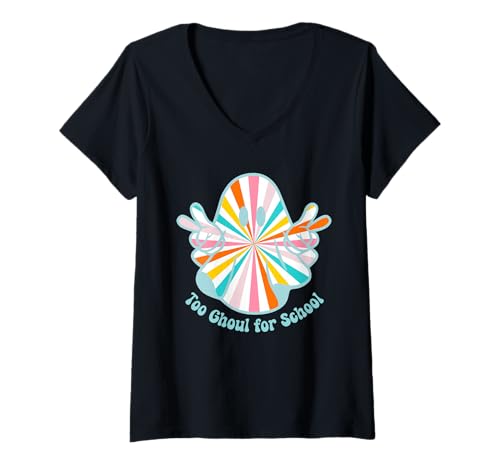 Damen Lustiges Halloween-Schild Ghost Too Ghoul for School Peace Groovy T-Shirt mit V-Ausschnitt Damen Lustiges Halloween-Schild Ghost Too Ghoul for School Peace Groovy T-Shirt mit V-Ausschnitt von Funny Halloween Shirts by Southerngal