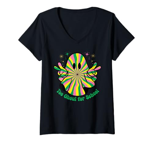 Damen Lustiges Halloween-Schild Ghost Too Ghoul for School Peace Groovy T-Shirt mit V-Ausschnitt Damen Lustiges Halloween-Schild Ghost Too Ghoul for School Peace Groovy T-Shirt mit V-Ausschnitt von Funny Halloween Shirts by Southerngal
