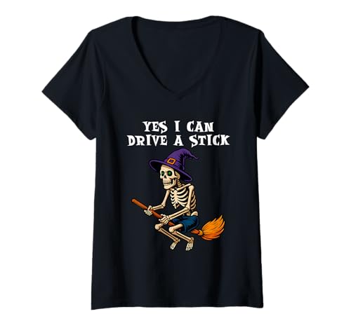 Damen Lustiges Skelett Halloween Yes I Can Drive a Stick T-Shirt mit V-Ausschnitt Damen Lustiges Skelett Halloween Yes I Can Drive a Stick T-Shirt mit V-Ausschnitt von Funny Halloween Shirts