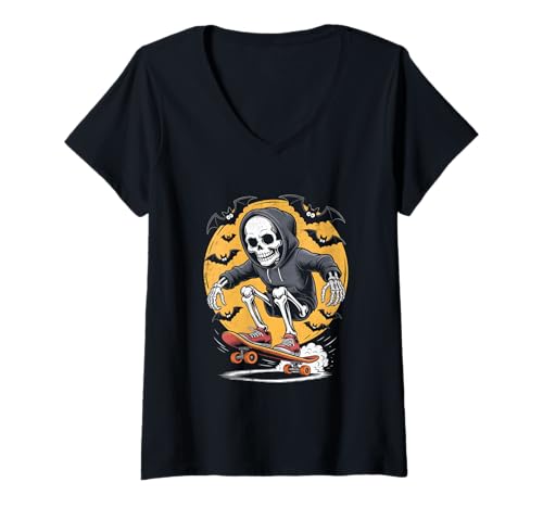 Damen Skateboard Skelett Halloween Skateboarding T-Shirt mit V-Ausschnitt von Funny Halloween Skateboard Costume