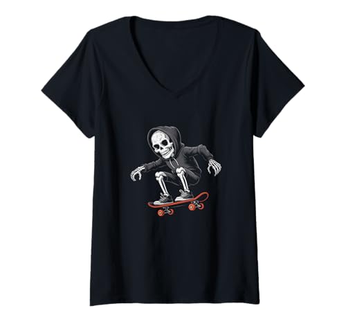 Damen Skelett Skateboard Halloween T-Shirt mit V-Ausschnitt von Funny Halloween Skateboard Costume