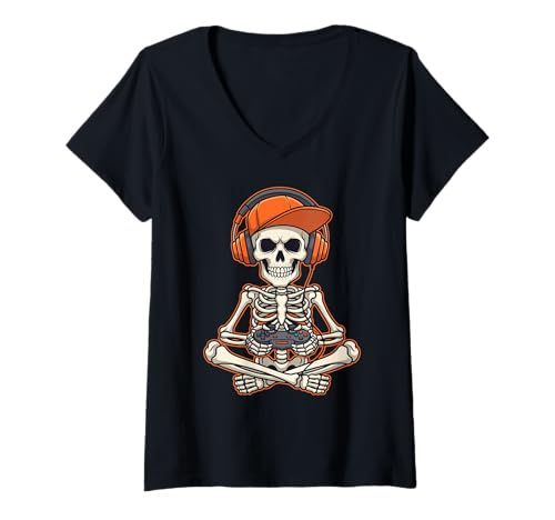 Damen Halloween Skeleton Gamer Video Gaming Boys Men Kids T-Shirt mit V-Ausschnitt von Funny Halloween Skeleton Boys shirts for gamers