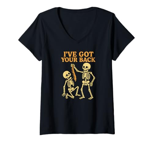Damen I've Got Your Back Lustiges Halloween Grusel-Skelett T-Shirt mit V-Ausschnitt von Funny Halloween Skeleton Co.
