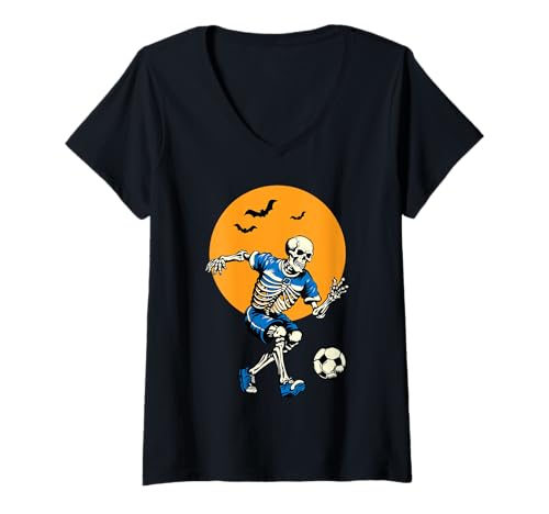 Damen Skelett Fußball Halloween Kostüm Herren Jungen Kinder T-Shirt mit V-Ausschnitt Damen Skelett Fußball Halloween Kostüm Herren Jungen Kinder T-Shirt mit V-Ausschnitt von Funny Halloween Skeleton Costume Gifts shirts
