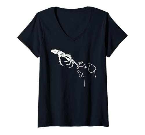 Damen Skelett Hand Boop auf der Nase eines Hundes Lustige Tiere Halloween T-Shirt mit V-Ausschnitt von Funny Halloween Skeleton Dogs Lover Spooky Gifts