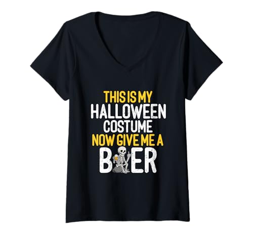 Damen This is My Costume Beer Lover Skelett Drinking Halloween T-Shirt mit V-Ausschnitt von Funny Halloween Skeleton Drinking Costumes By Mj