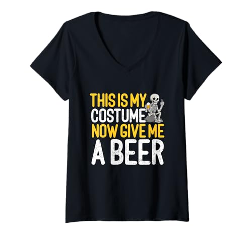 Damen This is My Costume Beer Lover Skelett Drinking Halloween T-Shirt mit V-Ausschnitt von Funny Halloween Skeleton Drinking Costumes By Mj