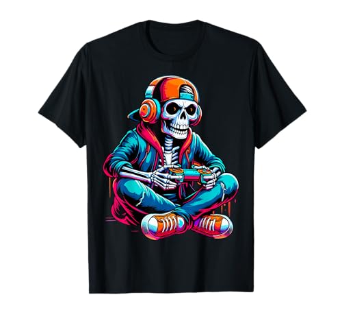 Halloween Skelett Gamer Jungen Videospiele T-Shirt von Funny Halloween Skeleton Gamers