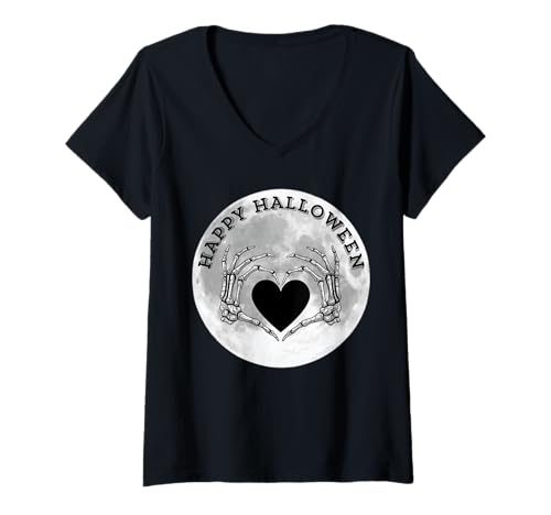 Damen Halloween Skelett Herz Hände Schwarz Herz T-Shirt mit V-Ausschnitt Damen Halloween Skelett Herz Hände Schwarz Herz T-Shirt mit V-Ausschnitt von Funny Halloween Skeleton Heart Hands Black Heart