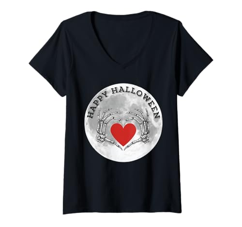 Damen Halloween Skelett Herz Hände T-Shirt mit V-Ausschnitt Damen Halloween Skelett Herz Hände T-Shirt mit V-Ausschnitt von Funny Halloween Skeleton Heart Hands