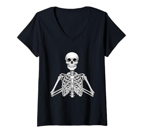 Damen Halloween Skelett Herz Hände T-Shirt mit V-Ausschnitt Damen Halloween Skelett Herz Hände T-Shirt mit V-Ausschnitt von Funny Halloween Skeleton Heart Hands