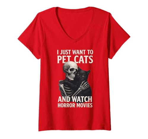 Damen Fun Skeleton I Just Want to Pet Cats and Watch Horror Movies T-Shirt mit V-Ausschnitt von Funny Halloween Skeleton Hugging Cat Lover Mom Dad