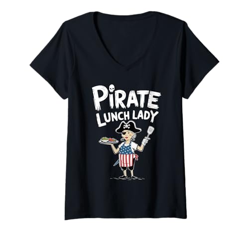 Damen Piraten-Mittagessen Dame Totenkopf Skelett Halloween Mittagessen Schule T-Shirt mit V-Ausschnitt Damen Piraten-Mittagessen Dame Totenkopf Skelett Halloween Mittagessen Schule T-Shirt mit V-Ausschnitt von Funny Halloween Skeleton Pirate Lunch Lady Costume