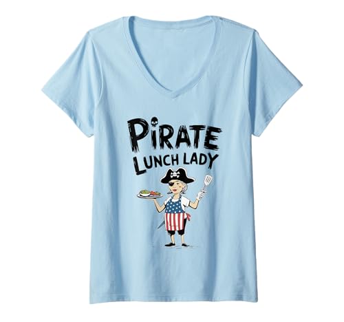 Damen Piraten-Mittagessen Dame Totenkopf Skelett Halloween Mittagessen Schule T-Shirt mit V-Ausschnitt Damen Piraten-Mittagessen Dame Totenkopf Skelett Halloween Mittagessen Schule T-Shirt mit V-Ausschnitt von Funny Halloween Skeleton Pirate Lunch Lady Costume