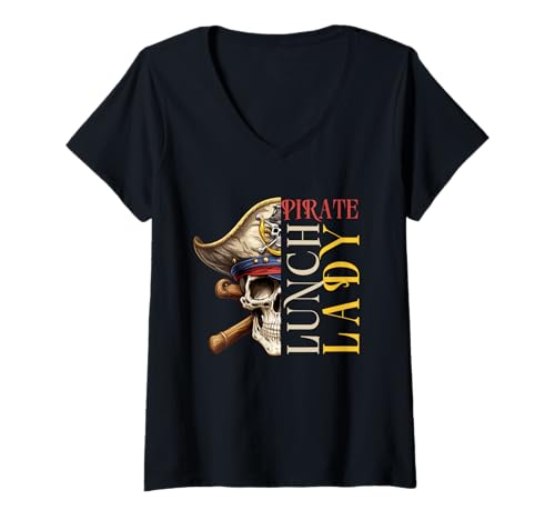 Damen Piraten-Mittagessen Dame Totenkopf Skelett Halloween Mittagessen Schule T-Shirt mit V-Ausschnitt Damen Piraten-Mittagessen Dame Totenkopf Skelett Halloween Mittagessen Schule T-Shirt mit V-Ausschnitt von Funny Halloween Skeleton Pirate Lunch Lady Costume