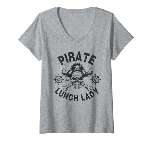 Damen Piraten-Mittagessen Dame Totenkopf Skelett Halloween Mittagessen Schule T-Shirt mit V-Ausschnitt Damen Piraten-Mittagessen Dame Totenkopf Skelett Halloween Mittagessen Schule T-Shirt mit V-Ausschnitt von Funny Halloween Skeleton Pirate Lunch Lady Costume