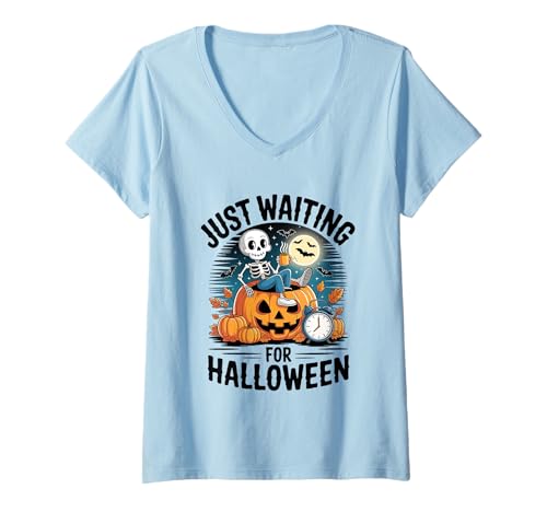Damen Just Waiting For Halloween Skelett Design T-Shirt mit V-Ausschnitt Damen Just Waiting For Halloween Skelett Design T-Shirt mit V-Ausschnitt von Funny Halloween Skeleton Pumpkin Moon