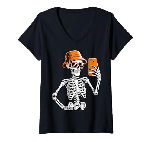 Damen Lustiges Halloween-Skelett-Selfie-Kostüm T-Shirt mit V-Ausschnitt von Funny Halloween Skeleton Selfie Tees Costumes