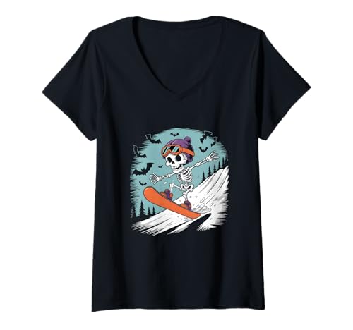 Damen Halloween Skelett Snowboard T-Shirt mit V-Ausschnitt von Funny Halloween Snowboard Costume