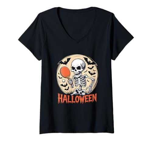 Damen Skelett Tischtennis Halloween T-Shirt mit V-Ausschnitt von Funny Halloween Snowboard Costume