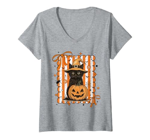Damen Kokette Schleife Schwarze Katze und Kürbis Retro Halloween T-Shirt mit V-Ausschnitt von Funny Halloween Spooky Cat